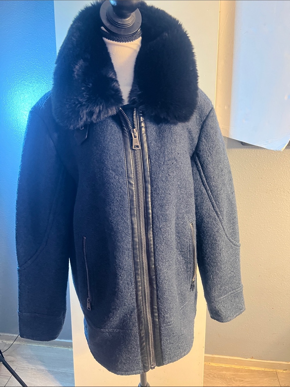 Kenneth Cole Navy Wool-Blend Pea Coat with Black Faux-Fur Collar